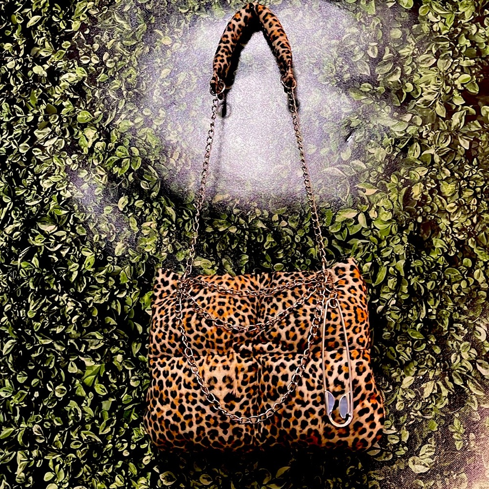 Handmade Custom Puffer  Leopard Print Bag W/ Silver Chain & Puffer Shoulder.